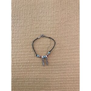Feather Charm Bracelet Silver Tone Feathers Turquoise Black Faux Leather Tribal
